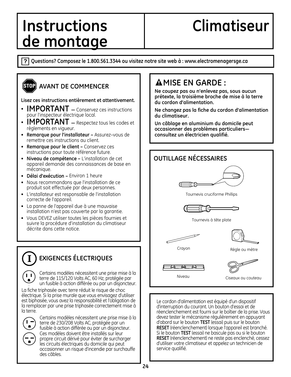 Instructions climatiseur, De montage, Important | Mise en garde | GE AEQ08AS User Manual | Page 24 / 48