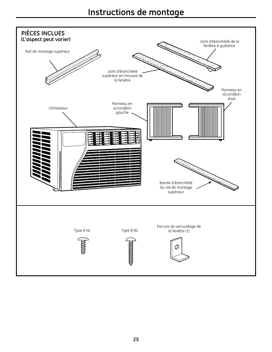 Instructions de montage, Pièces inclues | GE AEQ08AS User Manual | Page 25 / 48