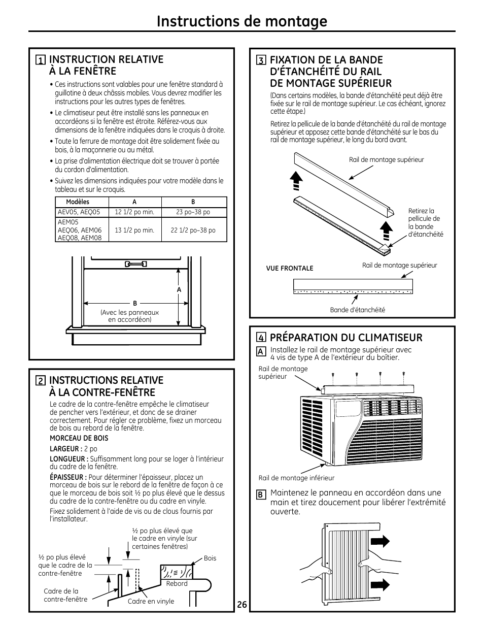 Instructions de montage, Instruction relative à la fenêtre, Préparation du climatiseur | Instructions relative à la contre-fenêtre | GE AEQ08AS User Manual | Page 26 / 48