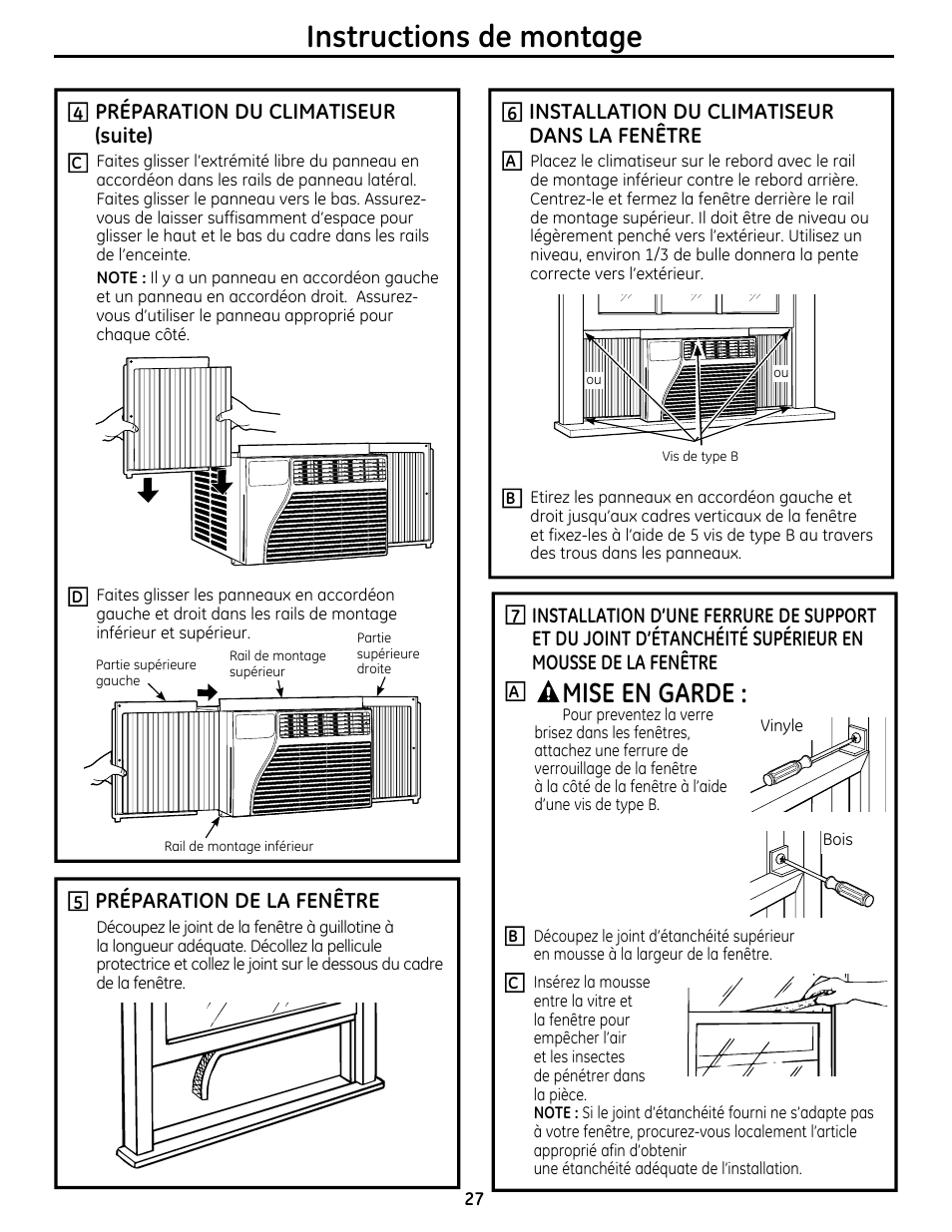 Instructions de montage, Mise en garde, Installation du climatiseur dans la fenêtre | Préparation de la fenêtre, Préparation du climatiseur (suite) | GE AEQ08AS User Manual | Page 27 / 48