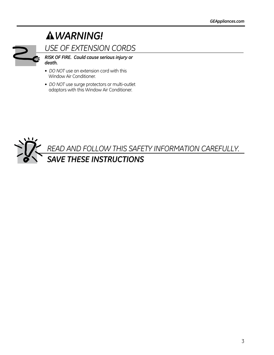 Warning, Save these instructions, Use of extension cords | Read and follow this safety information carefully | GE AEQ08AS User Manual | Page 3 / 48