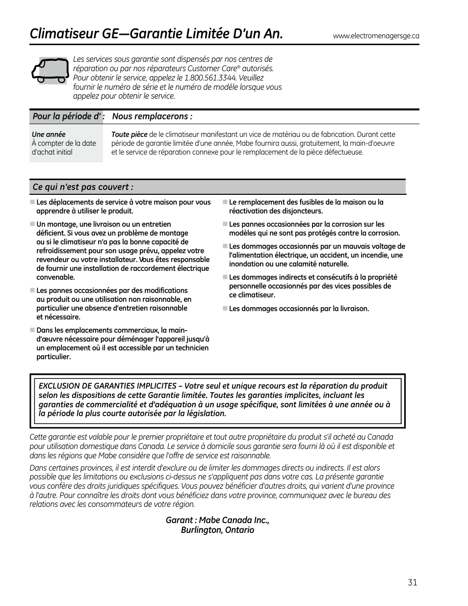 Climatiseur ge—garantie limitée d’un an | GE AEQ08AS User Manual | Page 31 / 48