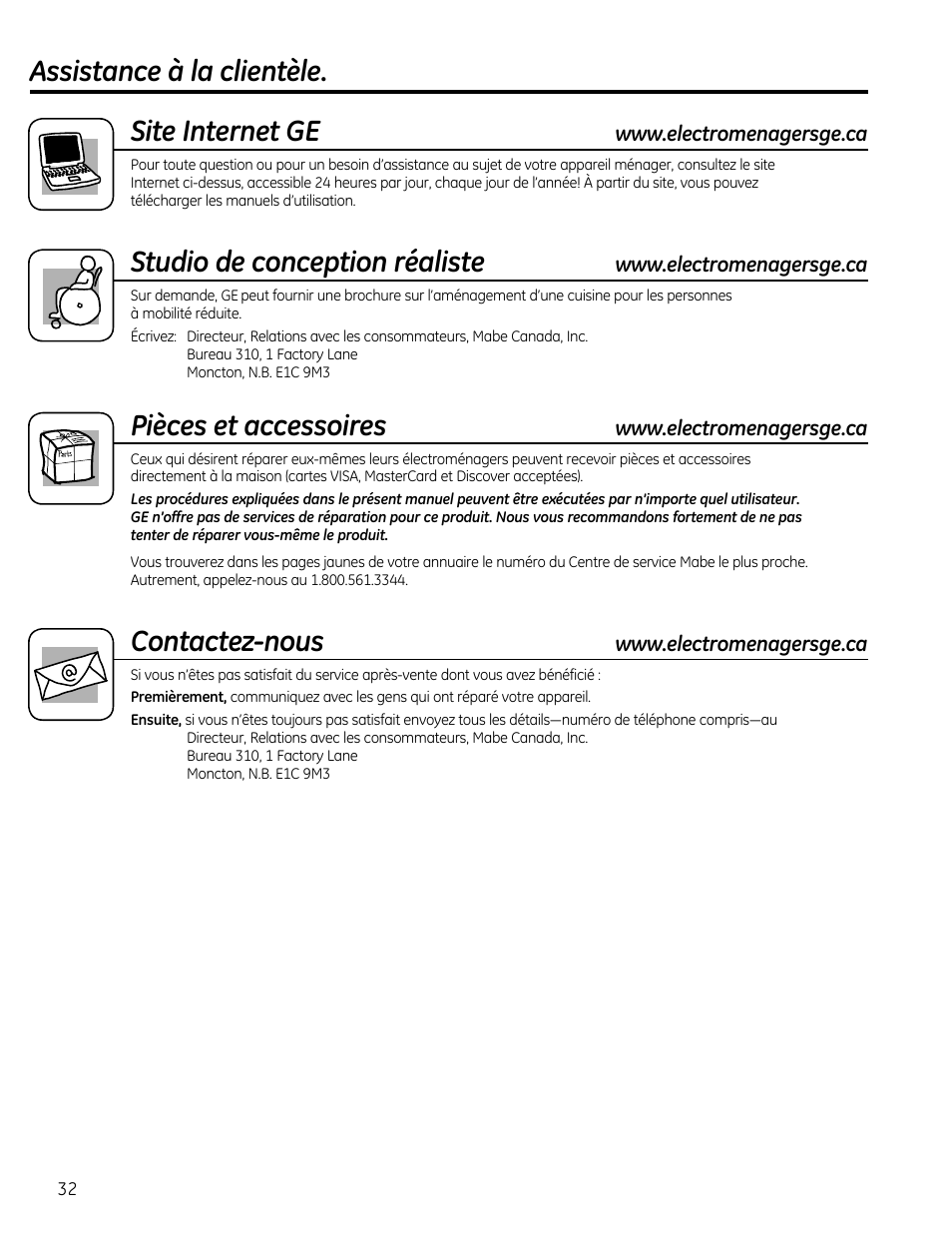 Assistance à la clientèle. site internet ge, Studio de conception réaliste, Pièces et accessoires | Contactez-nous | GE AEQ08AS User Manual | Page 32 / 48