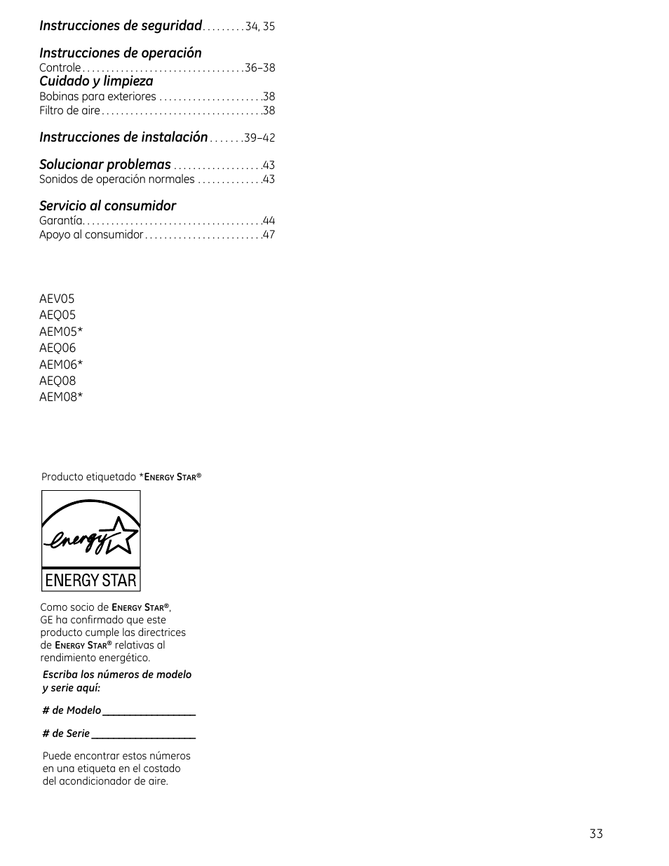 Instrucciones de seguridad, Instrucciones de operación, Cuidado y limpieza | Instrucciones de instalación, Solucionar problemas, Servicio al consumidor | GE AEQ08AS User Manual | Page 33 / 48