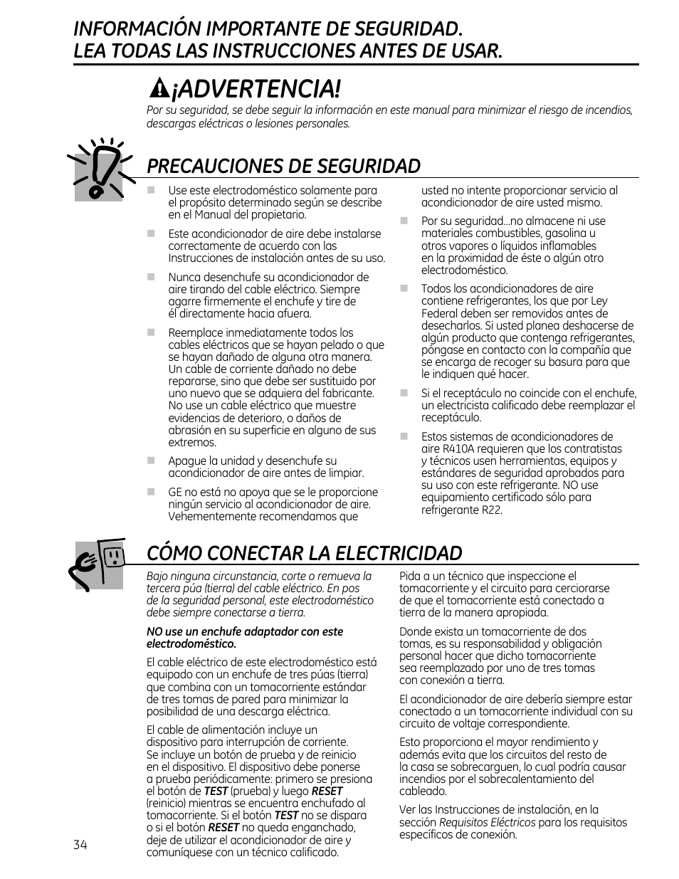 Advertencia, Precauciones de seguridad, Cómo conectar la electricidad | GE AEQ08AS User Manual | Page 34 / 48