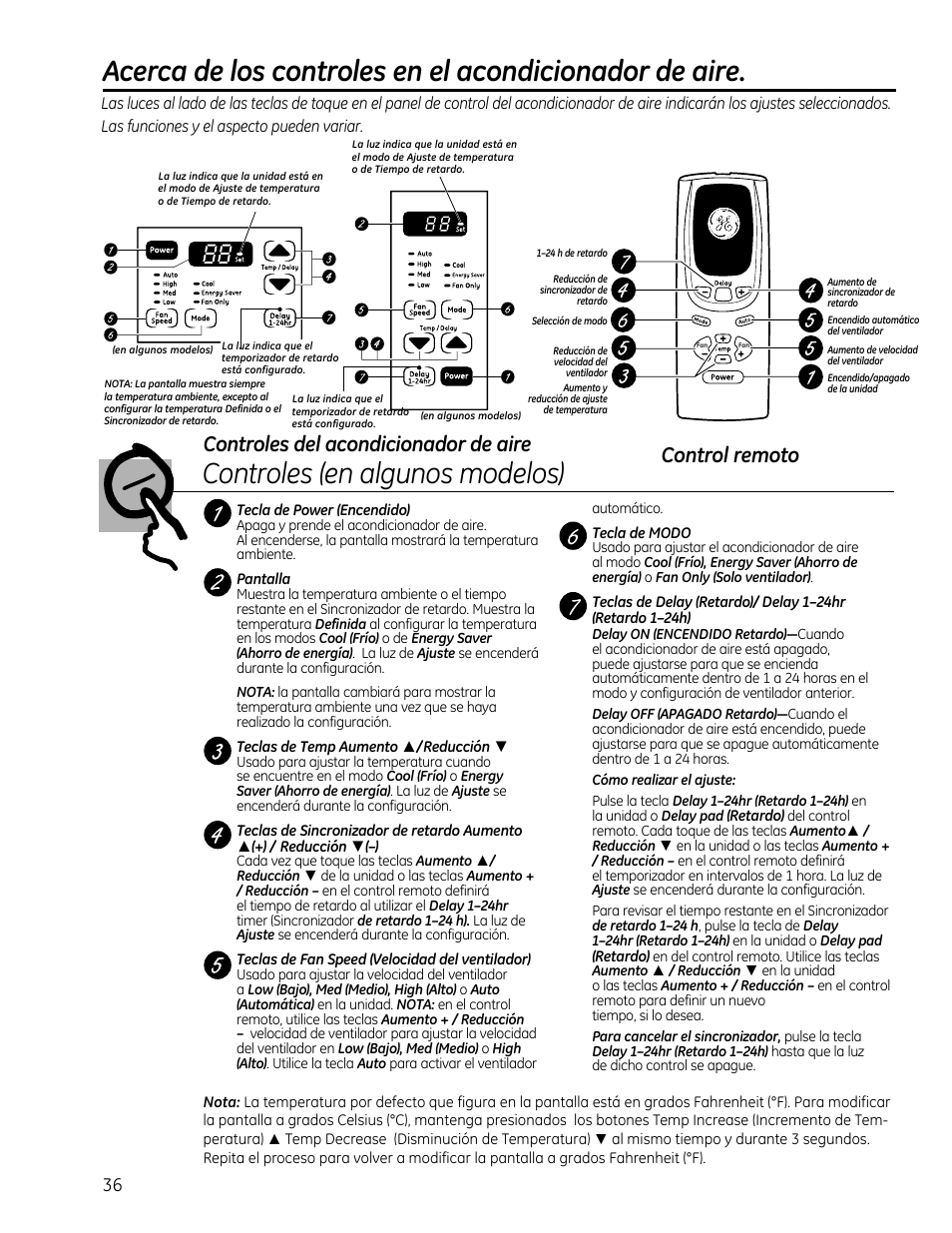 Controles (en algunos modelos), Control remoto, Controles del acondicionador de aire | GE AEQ08AS User Manual | Page 36 / 48