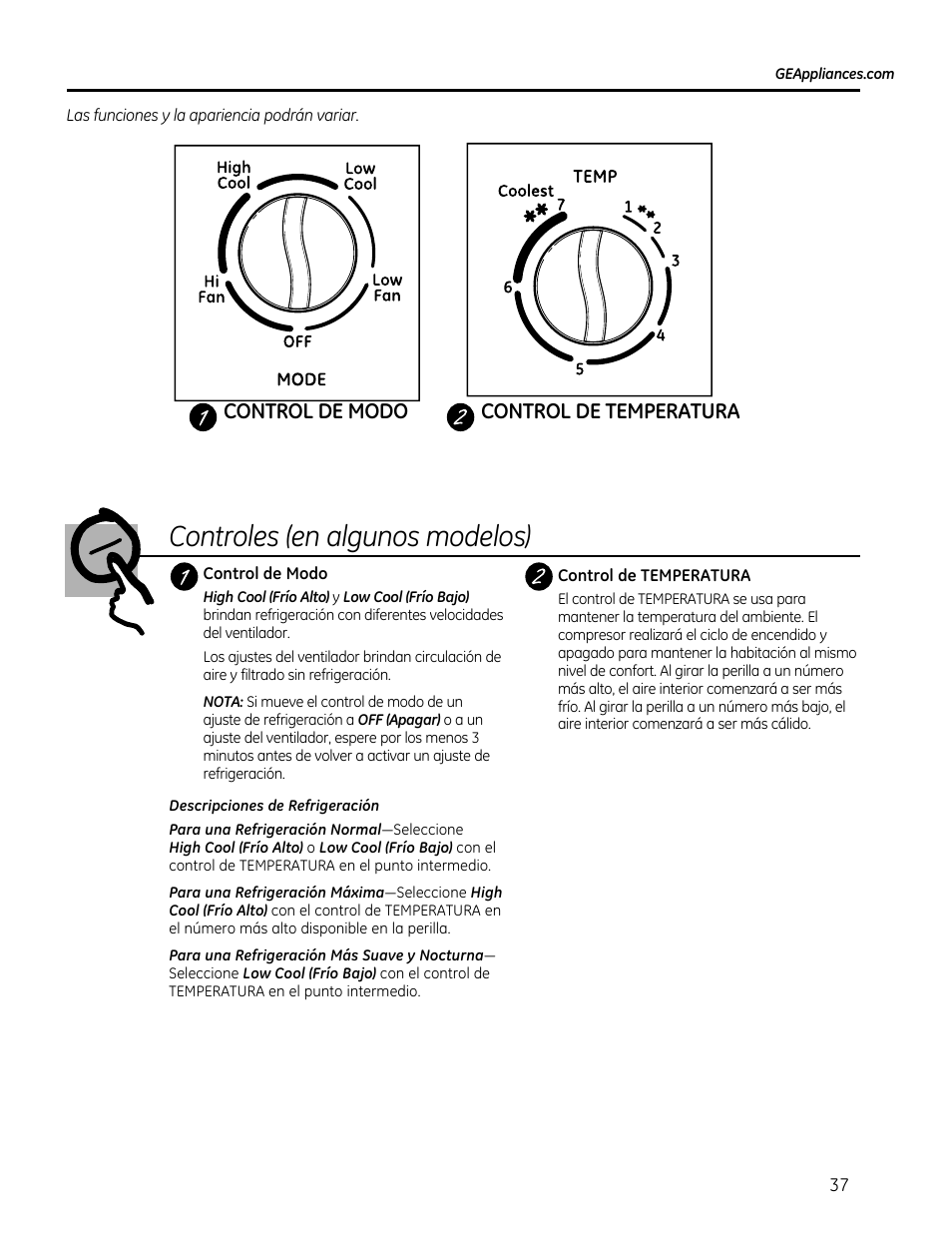 Controles (en algunos modelos), Control de modo control de temperatura | GE AEQ08AS User Manual | Page 37 / 48