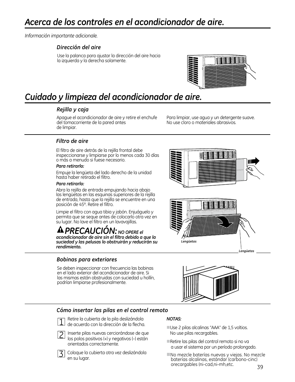 Precaución, Cuidado y limpieza del acondicionador de aire | GE AEQ08AS User Manual | Page 39 / 48