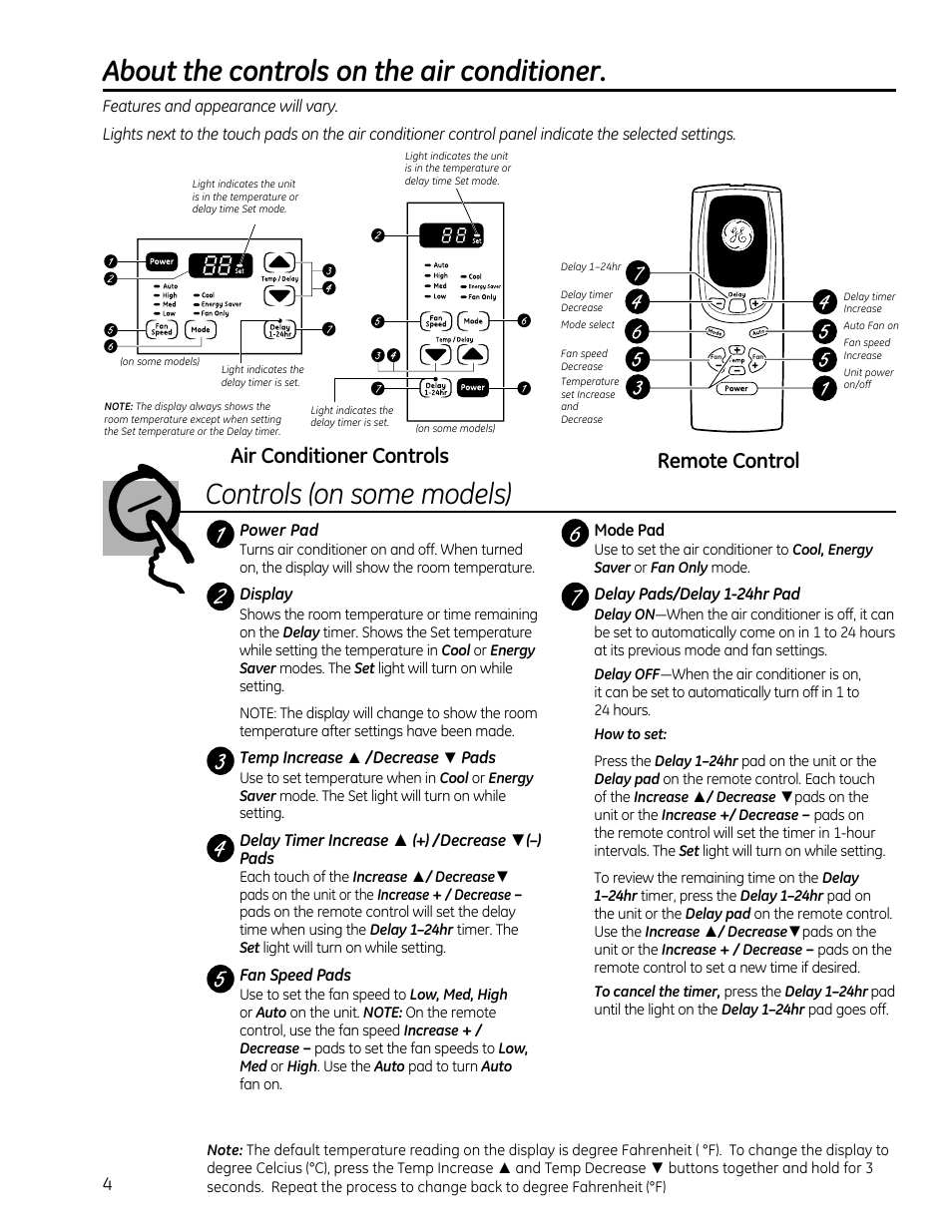 Remote control, Air conditioner controls | GE AEQ08AS User Manual | Page 4 / 48