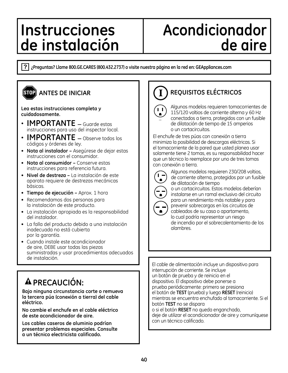 Instrucciones acondicionador, De instalación, De aire | Precaución, Importante | GE AEQ08AS User Manual | Page 40 / 48