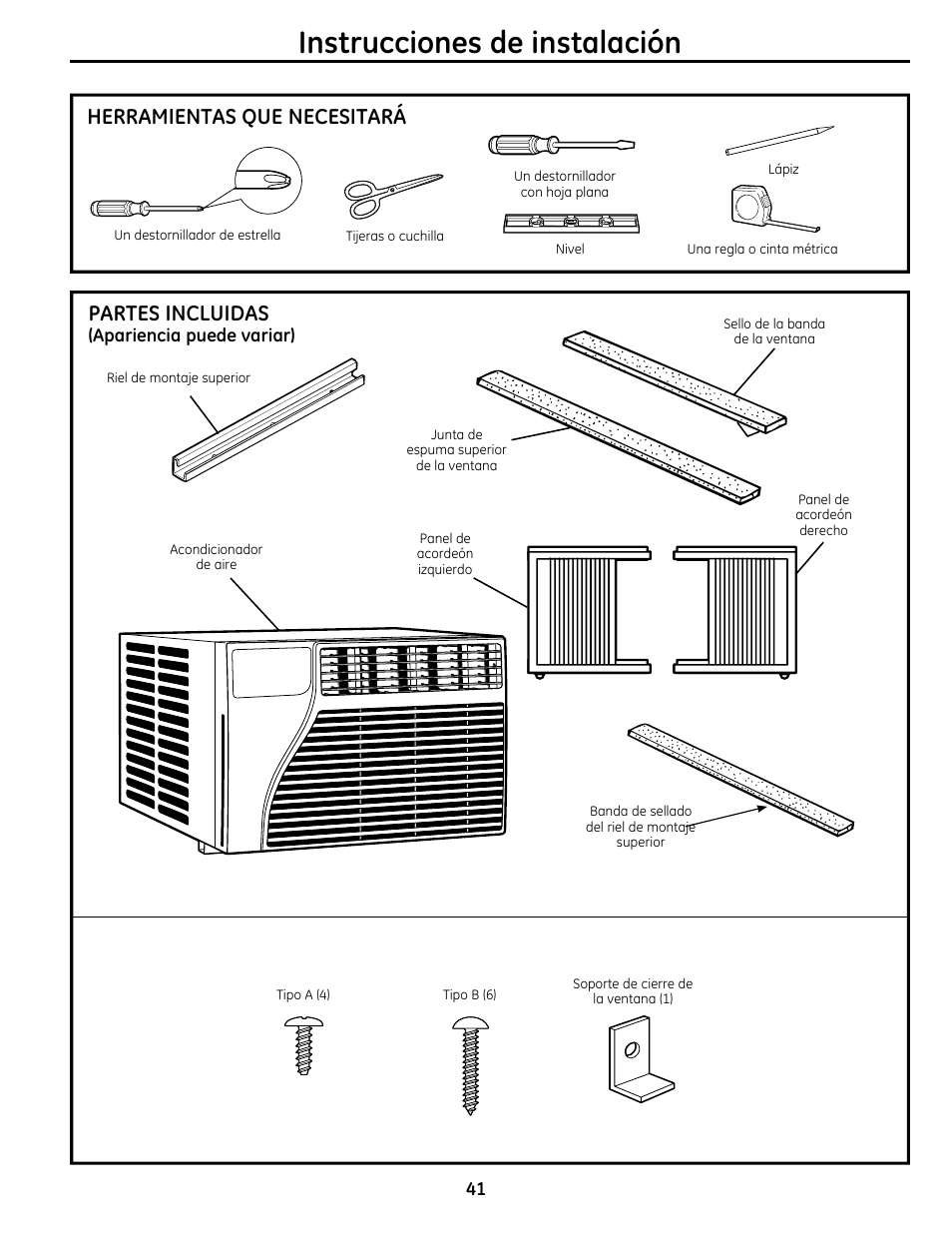 Instrucciones de instalación, Herramientas que necesitará, Partes incluidas | GE AEQ08AS User Manual | Page 41 / 48