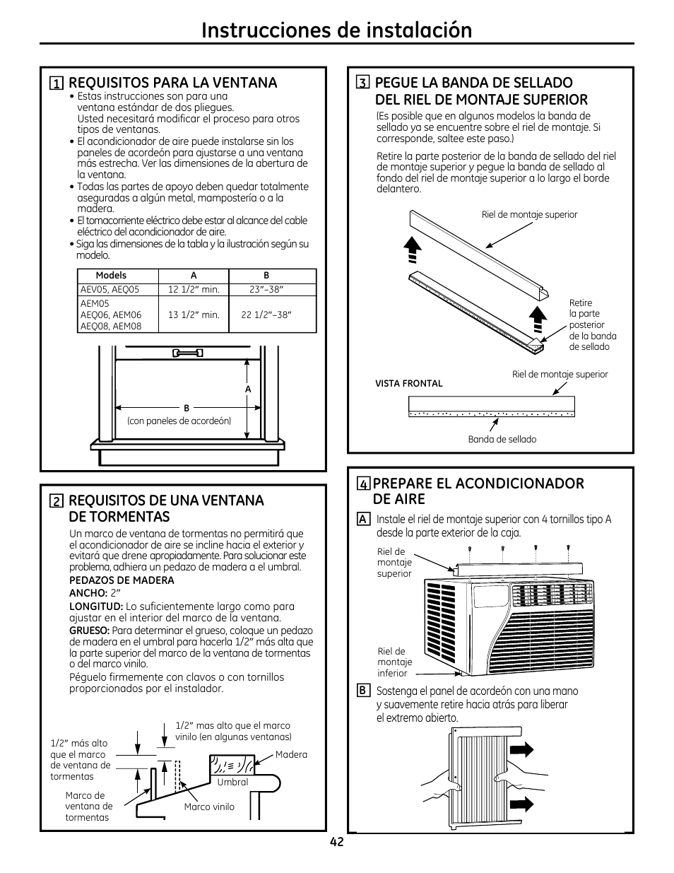 Instrucciones de instalación, Requisitos para la ventana, Requisitos de una ventana de tormentas | Prepare el acondicionador de aire | GE AEQ08AS User Manual | Page 42 / 48