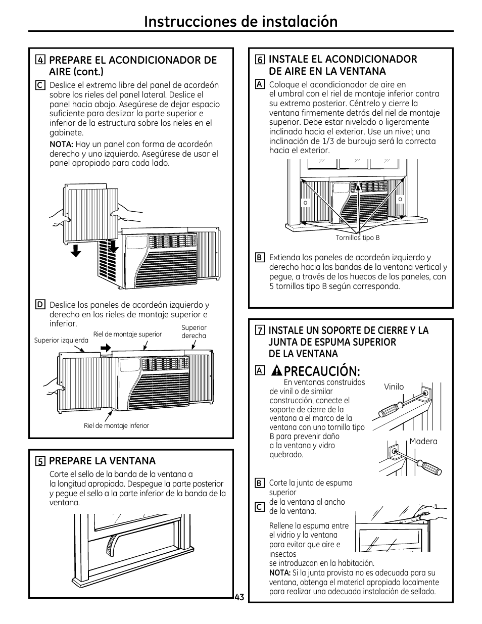 Instrucciones de instalación, Precaución, Prepare la ventana | Instale el acondicionador de aire en la ventana, Prepare el acondicionador de aire (cont.) | GE AEQ08AS User Manual | Page 43 / 48