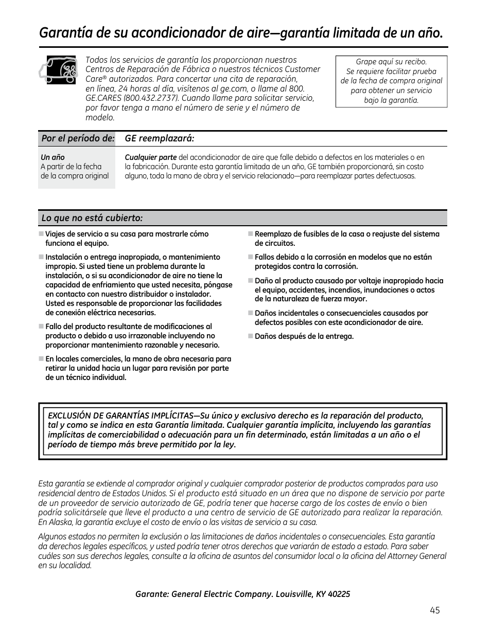 Garantía de su acondicionador de aire, Garantía limitada de un año | GE AEQ08AS User Manual | Page 45 / 48