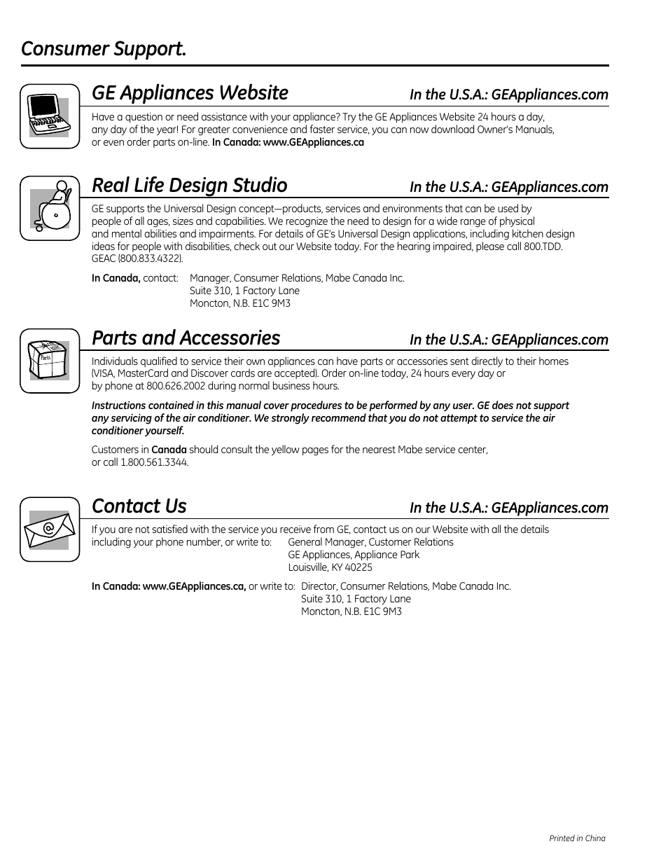 Consumer support. ge appliances website, Real life design studio, Parts and accessories | Contact us | GE AEQ08AS User Manual | Page 48 / 48