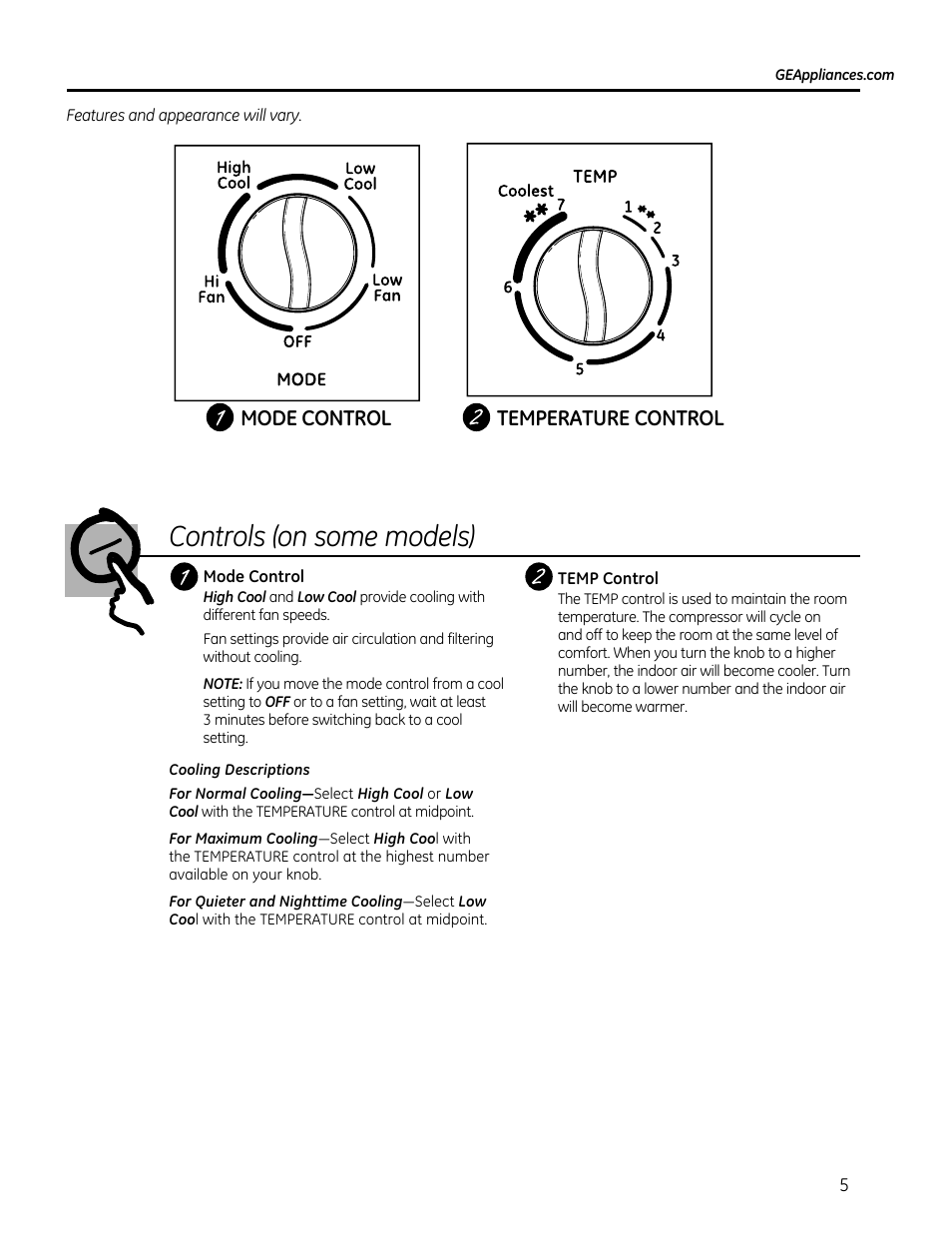 Controls (on some models), Mode control temperature control | GE AEQ08AS User Manual | Page 5 / 48