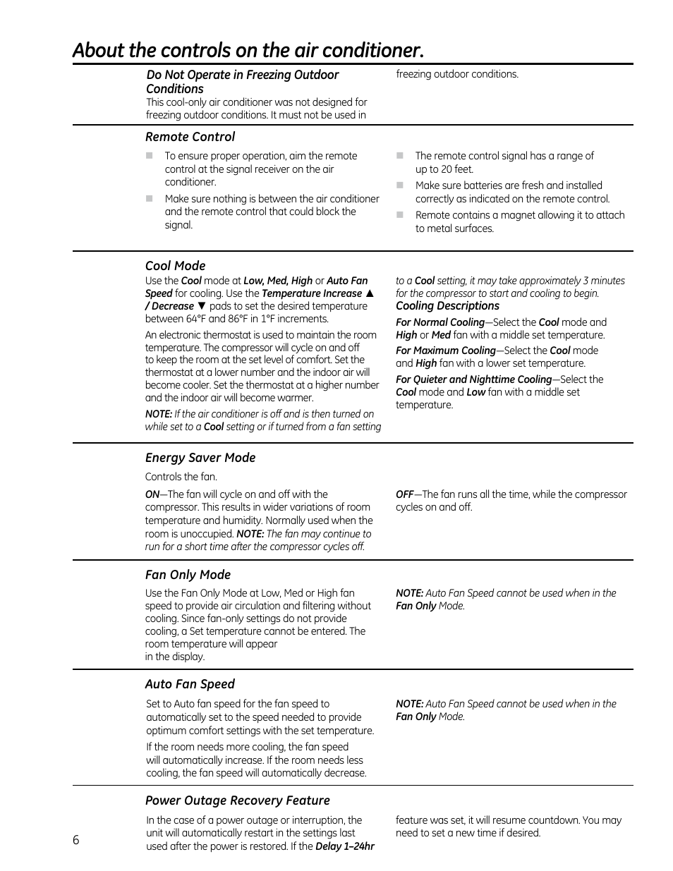 About the controls on the air conditioner | GE AEQ08AS User Manual | Page 6 / 48