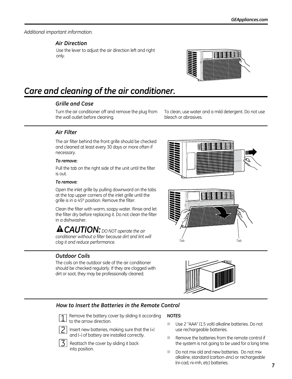 Caution, Care and cleaning of the air conditioner | GE AEQ08AS User Manual | Page 7 / 48