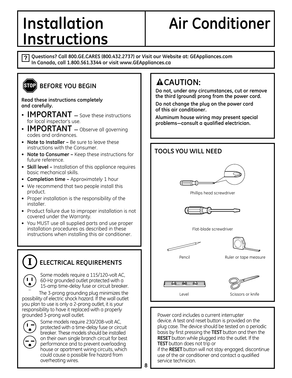 Installation air conditioner, Instructions, Important | Caution | GE AEQ08AS User Manual | Page 8 / 48