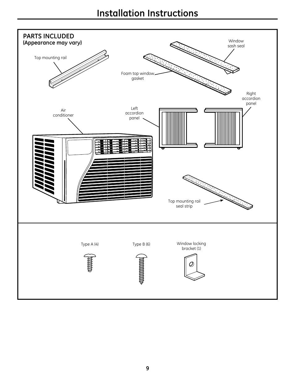 Installation instructions, Parts included | GE AEQ08AS User Manual | Page 9 / 48