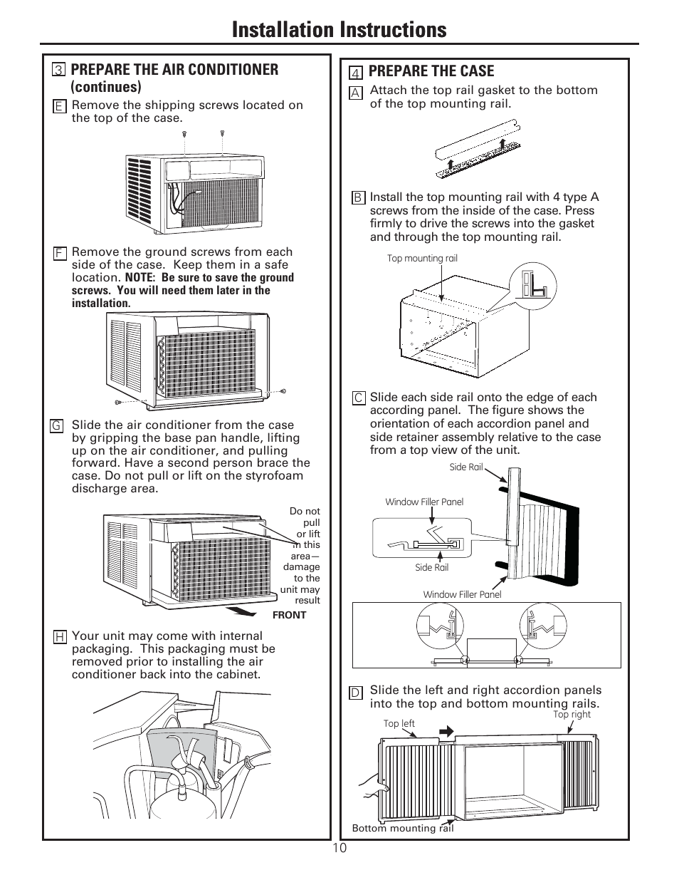Installation instructions, Prepare the air conditioner (continues), Prepare the case | GE AEE24DS User Manual | Page 10 / 56