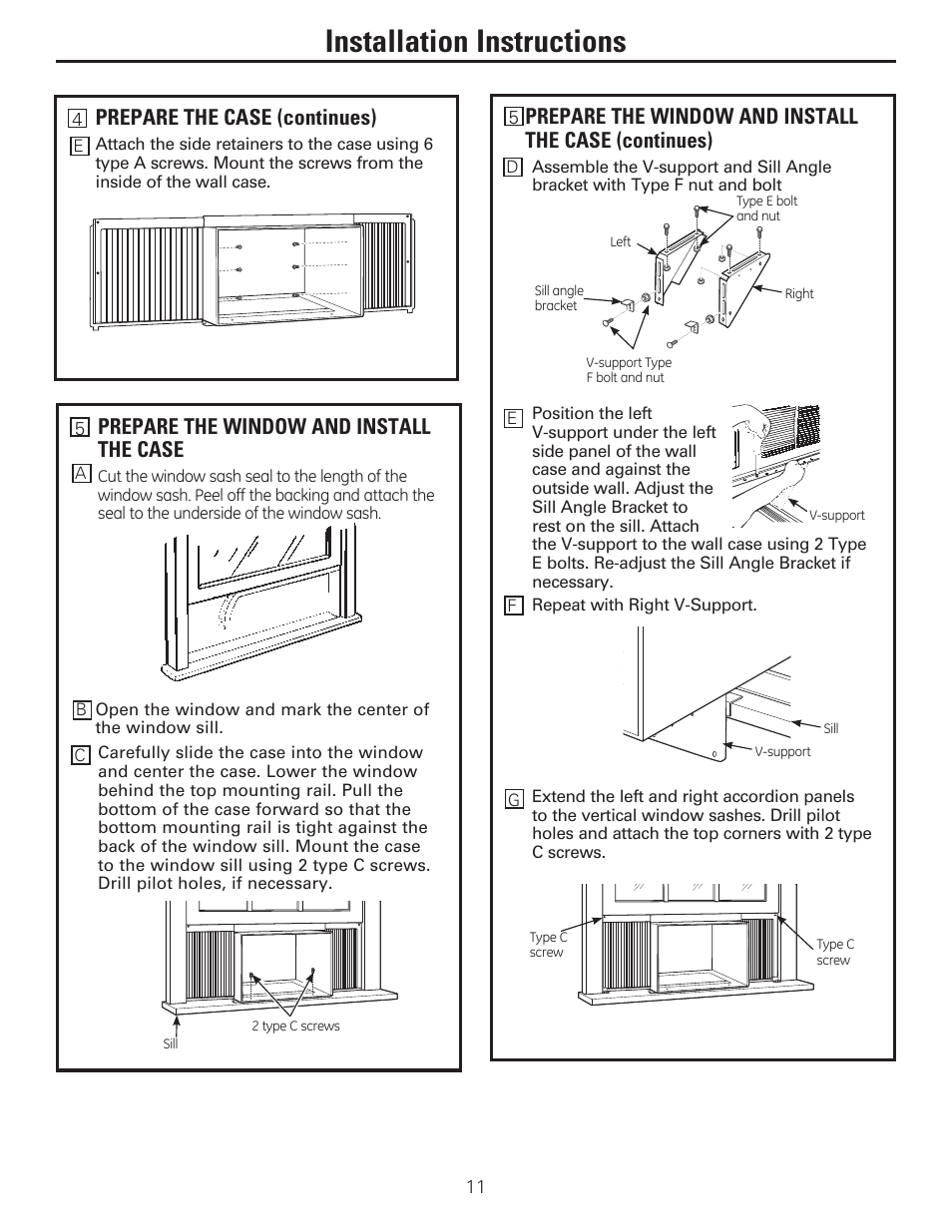 Installation instructions, Prepare the window and install the case, Prepare the case (continues) | GE AEE24DS User Manual | Page 11 / 56
