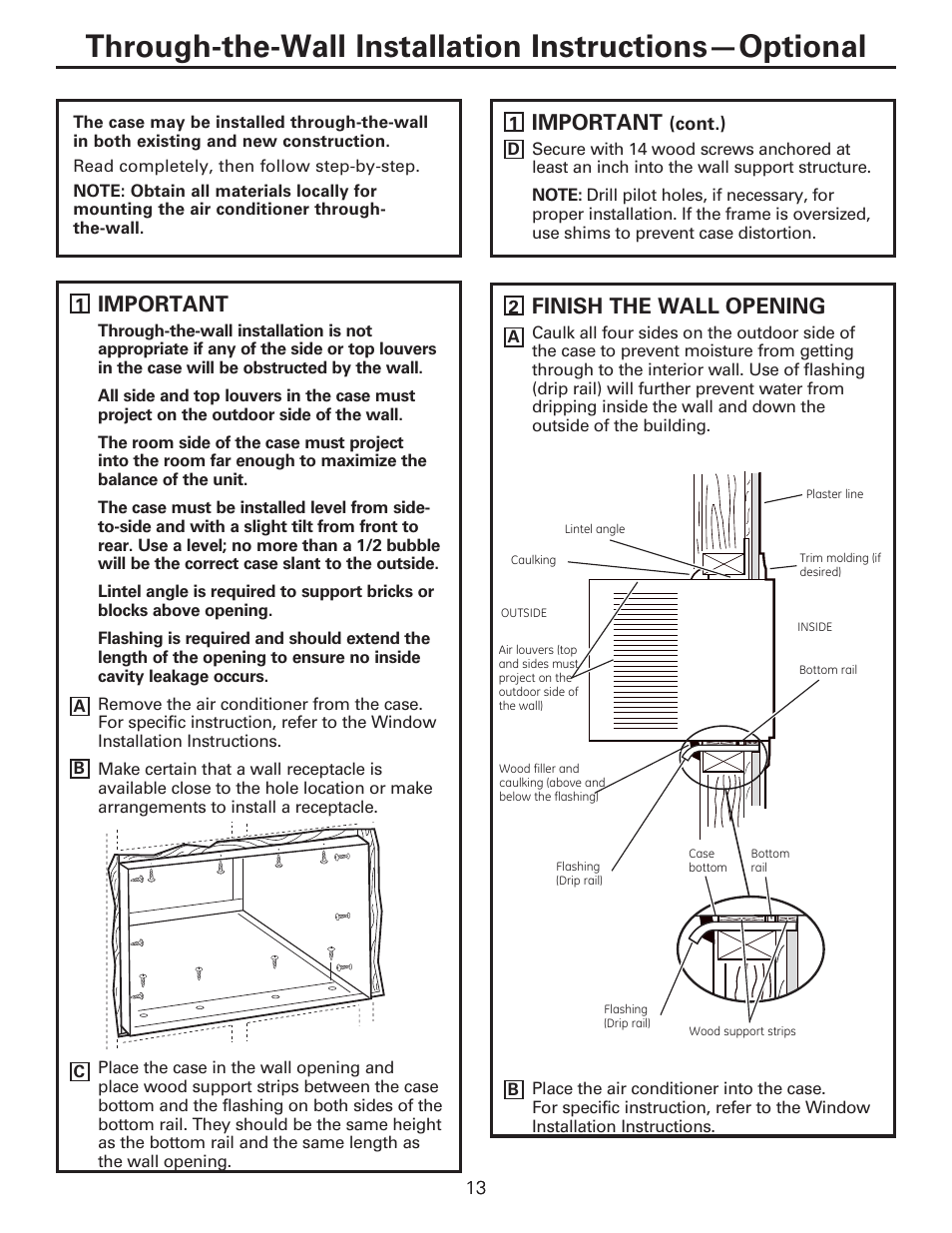 Important, Finish the wall opening | GE AEE24DS User Manual | Page 13 / 56