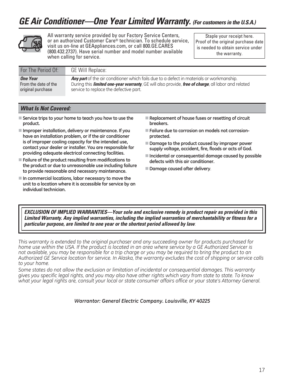 Ge air conditioner—one year limited warranty | GE AEE24DS User Manual | Page 17 / 56