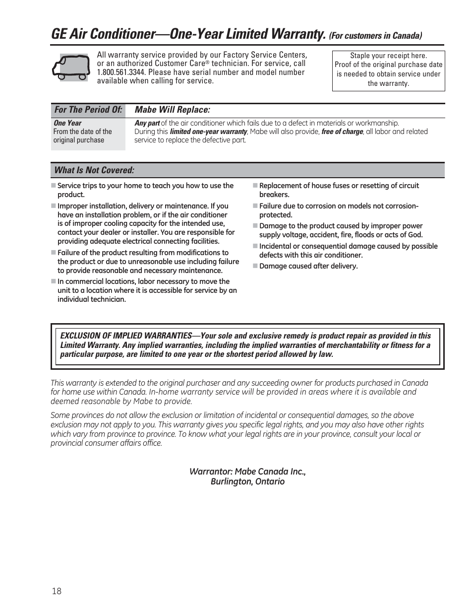 Ge air conditioner—one-year limited warranty | GE AEE24DS User Manual | Page 18 / 56