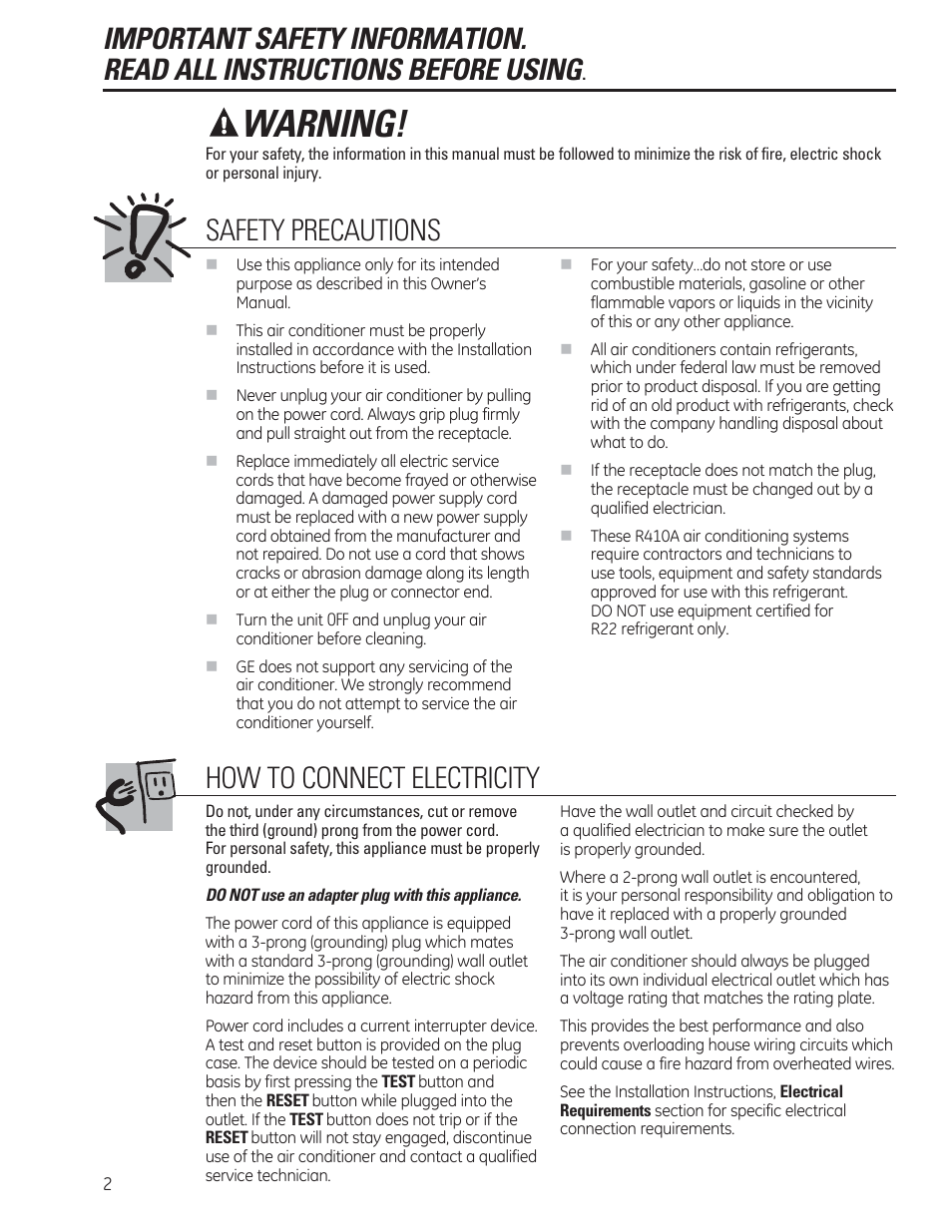 Warning, Safety precautions, How to connect electricity | GE AEE24DS User Manual | Page 2 / 56