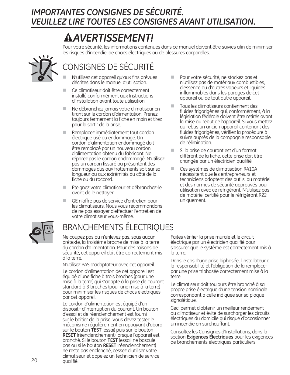Avertissement, Consignes de sécurité, Branchements électriques | GE AEE24DS User Manual | Page 20 / 56