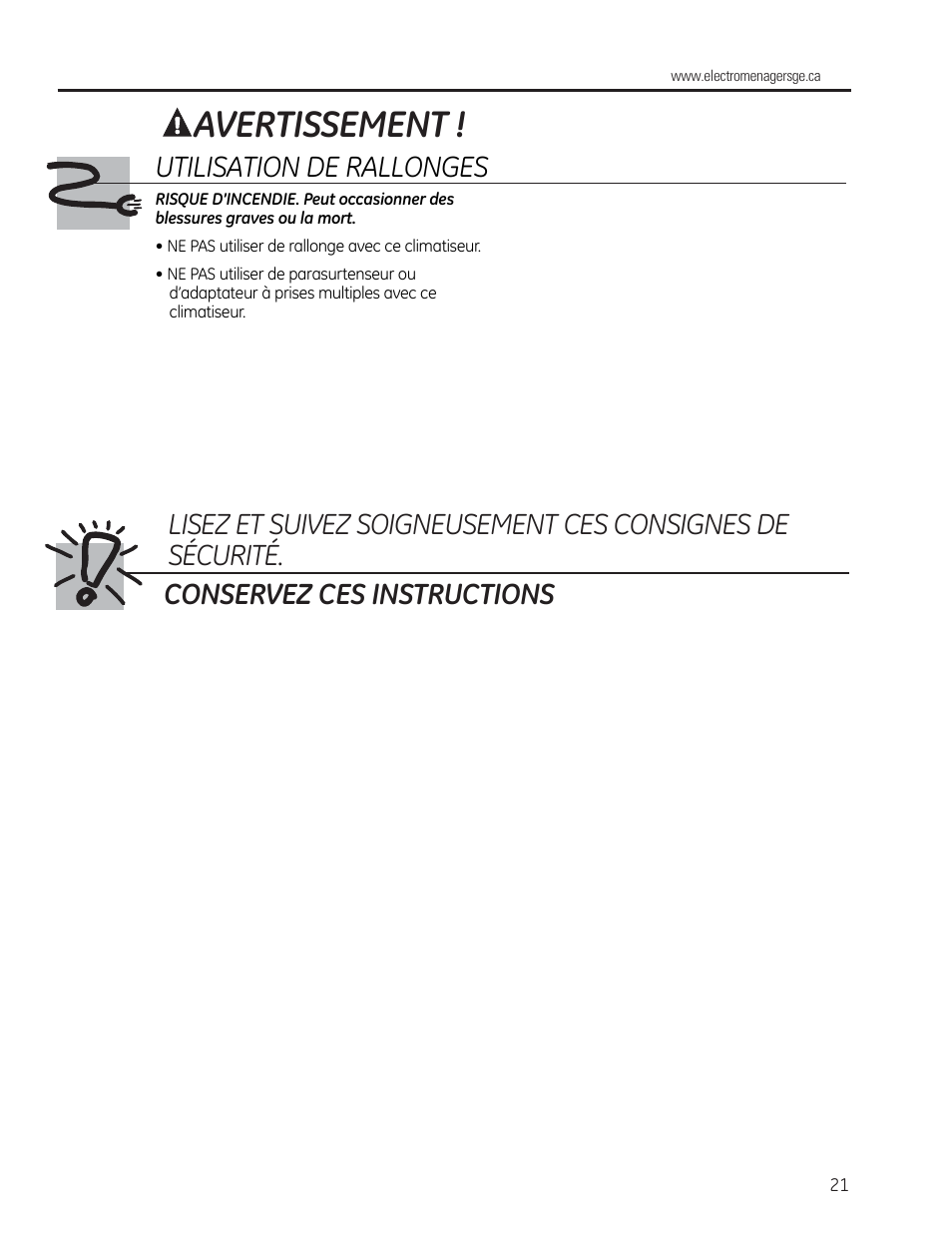 Avertissement | GE AEE24DS User Manual | Page 21 / 56