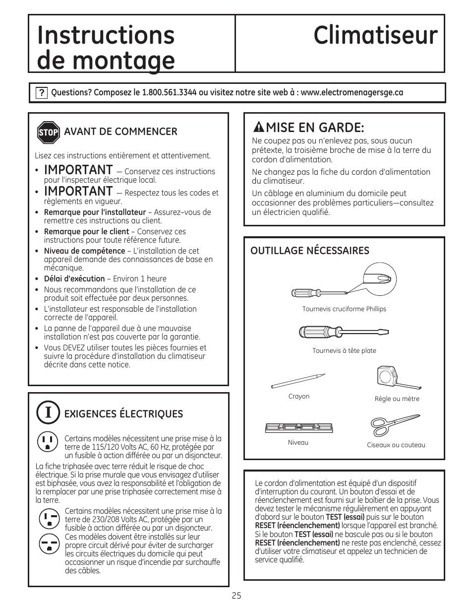 Instructions climatiseur, De montage, Important | Mise en garde | GE AEE24DS User Manual | Page 25 / 56