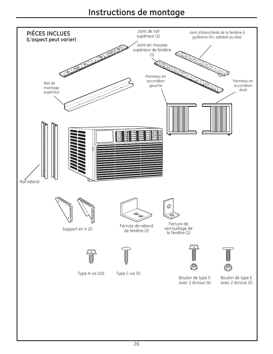 Instructions de montage, Pièces inclues | GE AEE24DS User Manual | Page 26 / 56