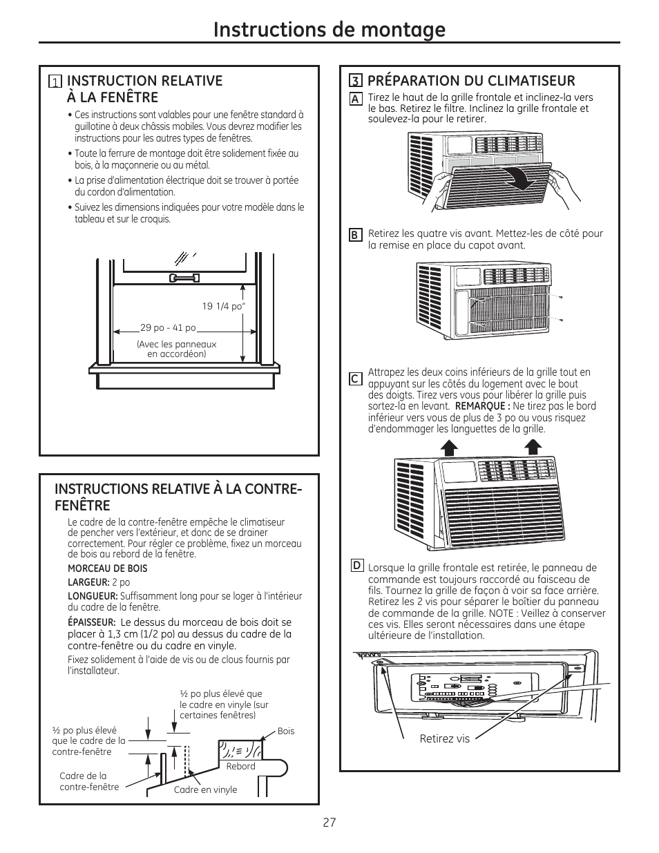 Instructions de montage, Instruction relative à la fenêtre, Instructions relative à la contre- fenêtre | Préparation du climatiseur | GE AEE24DS User Manual | Page 27 / 56