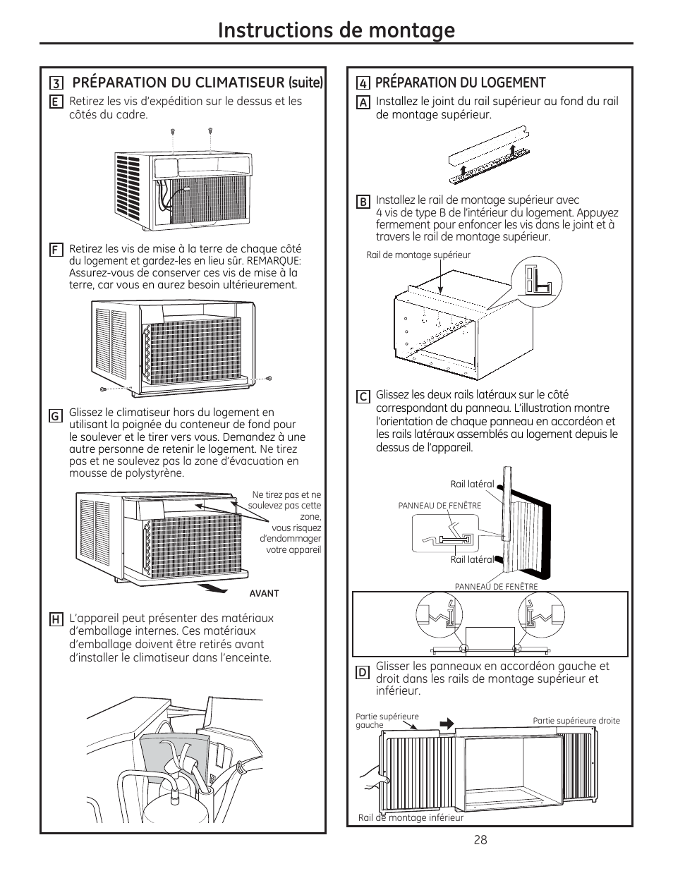Instructions de montage, Préparation du climatiseur (suite), Préparation du logement | GE AEE24DS User Manual | Page 28 / 56