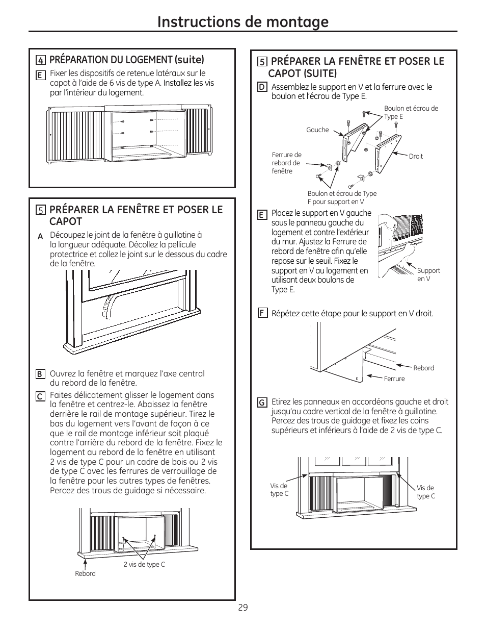 Instructions de montage, Préparer la fenêtre et poser le capot, Préparation du logement (suite) | Préparer la fenêtre et poser le capot (suite) | GE AEE24DS User Manual | Page 29 / 56