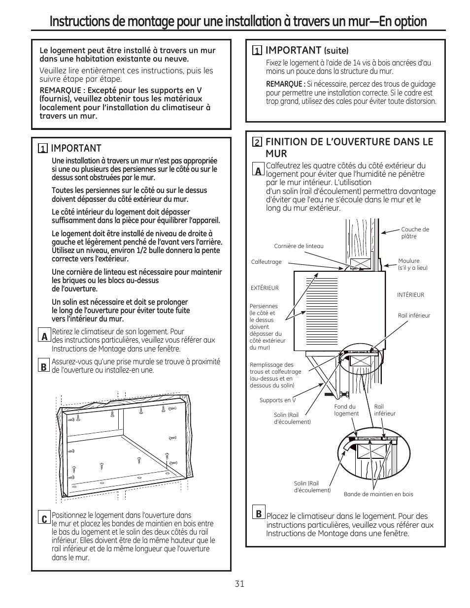 Important, Finition de l’ouverture dans le mur, Ab a b c | GE AEE24DS User Manual | Page 31 / 56
