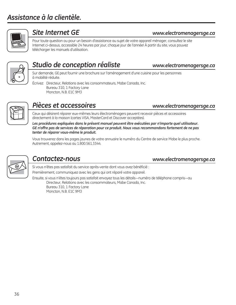 Assistance à la clientèle. site internet ge, Studio de conception réaliste, Pièces et accessoires | Contactez-nous | GE AEE24DS User Manual | Page 36 / 56