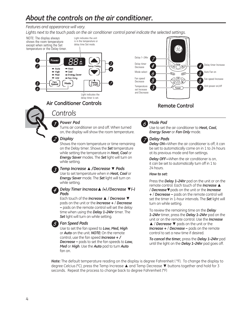 Remote control, Air conditioner controls | GE AEE24DS User Manual | Page 4 / 56