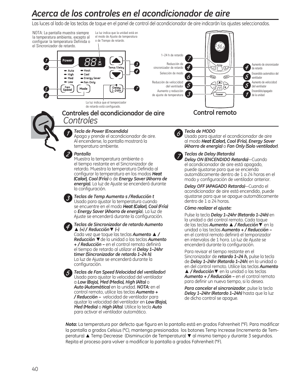 Control remoto, Controles del acondicionador de aire | GE AEE24DS User Manual | Page 40 / 56