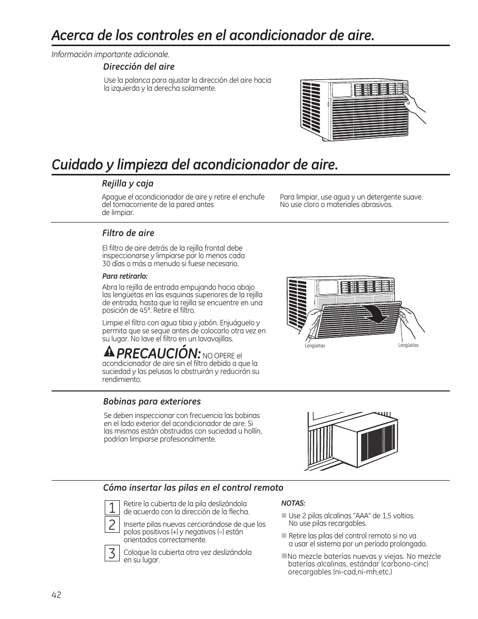 Cuidado y limpieza del acondicionador de aire, Precaución | GE AEE24DS User Manual | Page 42 / 56