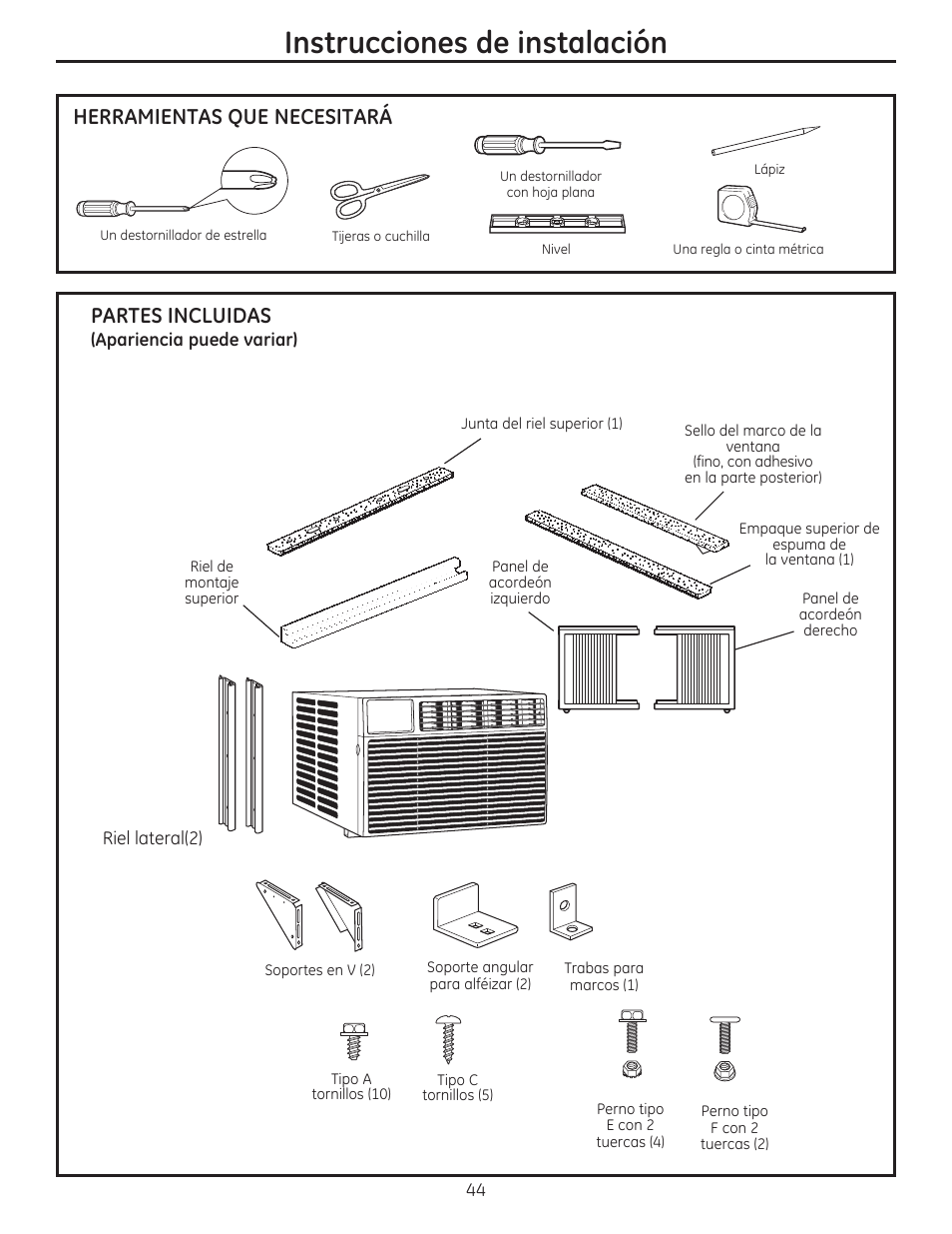 Instrucciones de instalación, Herramientas que necesitará, Partes incluidas | GE AEE24DS User Manual | Page 44 / 56
