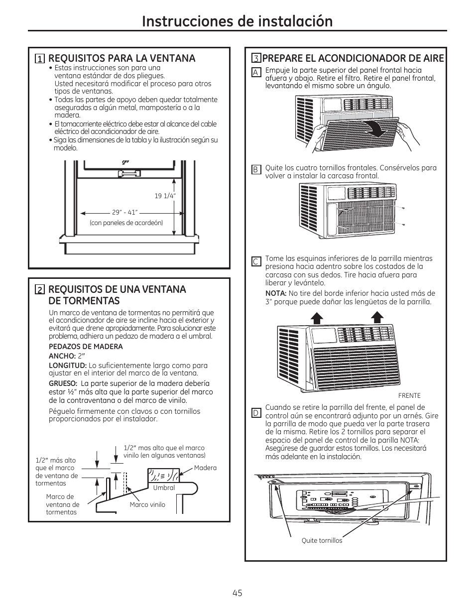 Instrucciones de instalación, Requisitos para la ventana, Requisitos de una ventana de tormentas | Prepare el acondicionador de aire | GE AEE24DS User Manual | Page 45 / 56