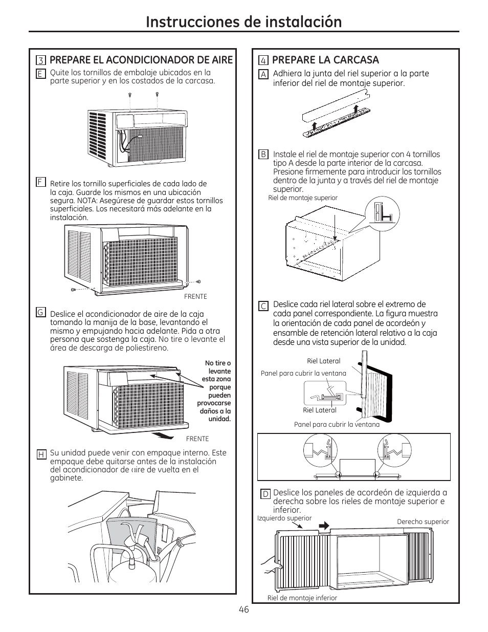 Instrucciones de instalación, Prepare el acondicionador de aire, Prepare la carcasa | GE AEE24DS User Manual | Page 46 / 56
