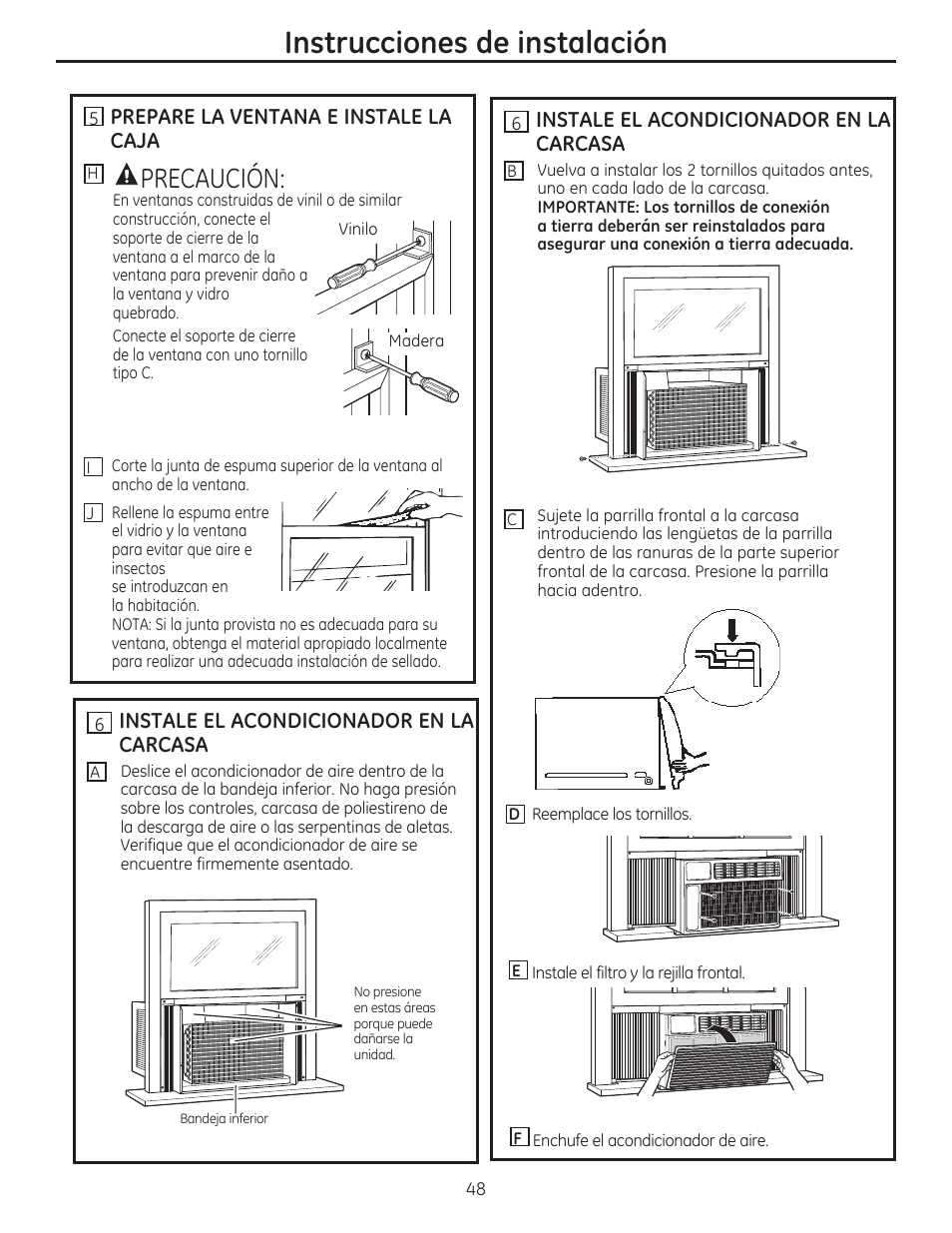 Instrucciones de instalación, Precaución, Prepare la ventana e instale la caja | Instale el acondicionador en la carcasa | GE AEE24DS User Manual | Page 48 / 56