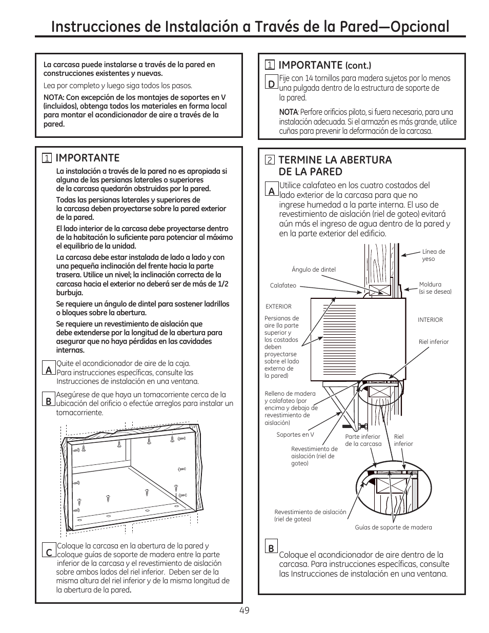 Importante, Termine la abertura de la pared | GE AEE24DS User Manual | Page 49 / 56