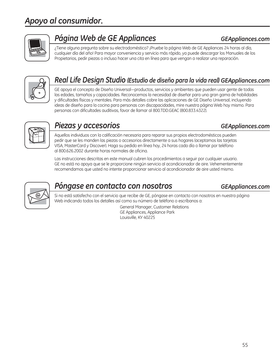 Apoyo al consumidor. página web de ge appliances, Piezas y accesorios, Póngase en contacto con nosotros | Real life design studio, Vwxglrghglvhxrsdudodylgduhdo | GE AEE24DS User Manual | Page 55 / 56