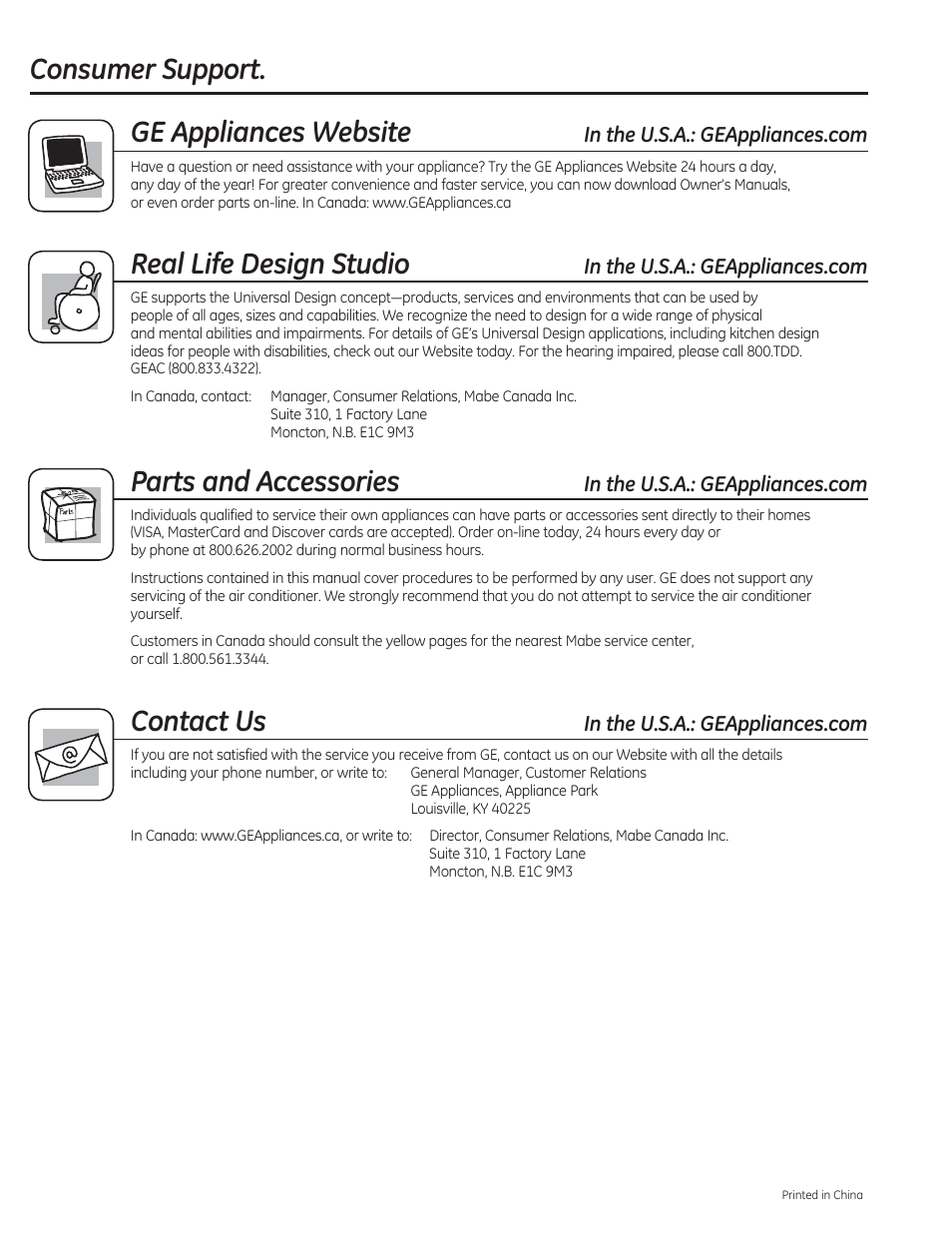 Consumer support. ge appliances website, Real life design studio, Parts and accessories | Contact us | GE AEE24DS User Manual | Page 56 / 56