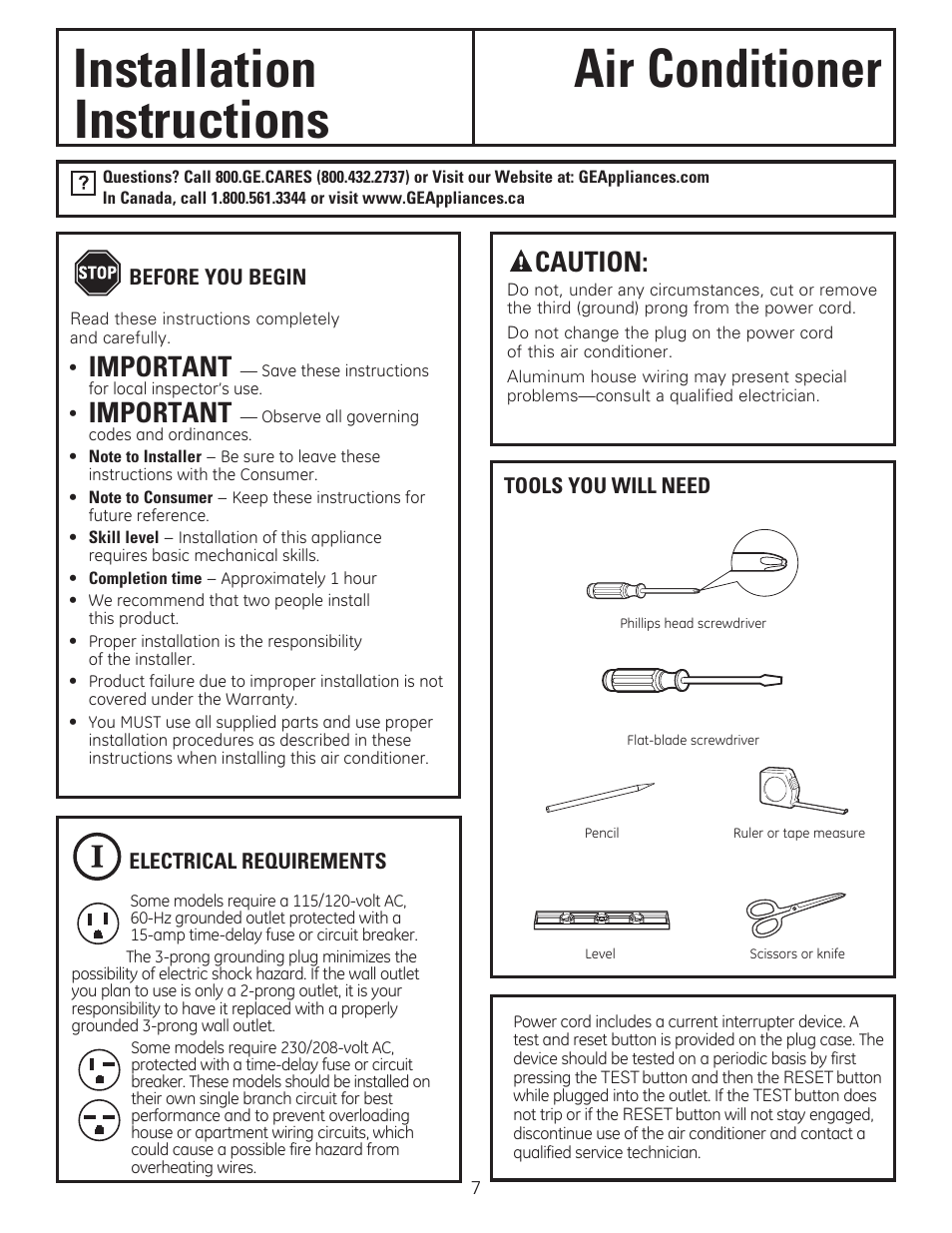 Installation air conditioner, Instructions, Important | Caution | GE AEE24DS User Manual | Page 7 / 56